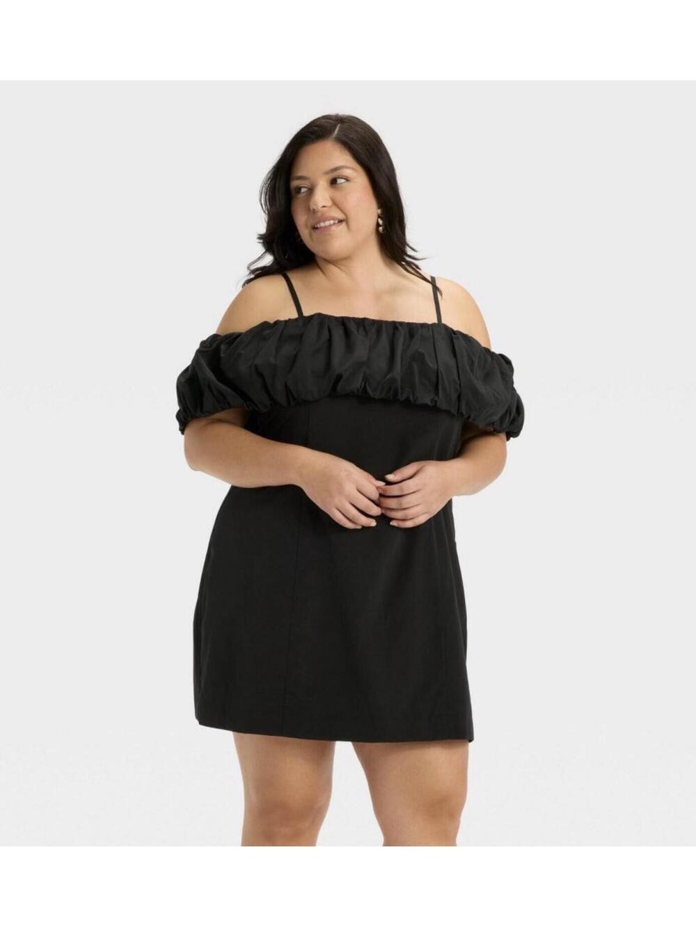A New Day Black Off-Shoulder Puff Sleeve Mini Dress Size 14 NWT